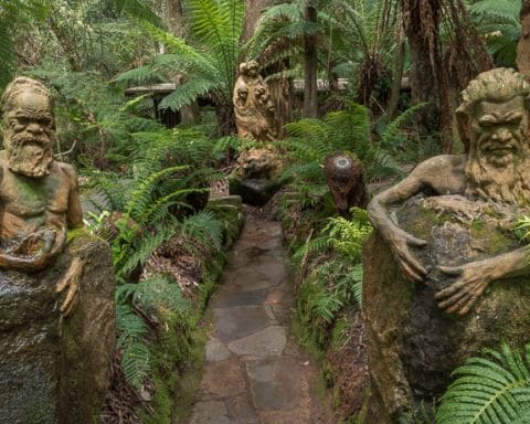 Sculpture of 3 aboriginals at William Ricketts Sanctuary in Mt Dandenong in amongst trees